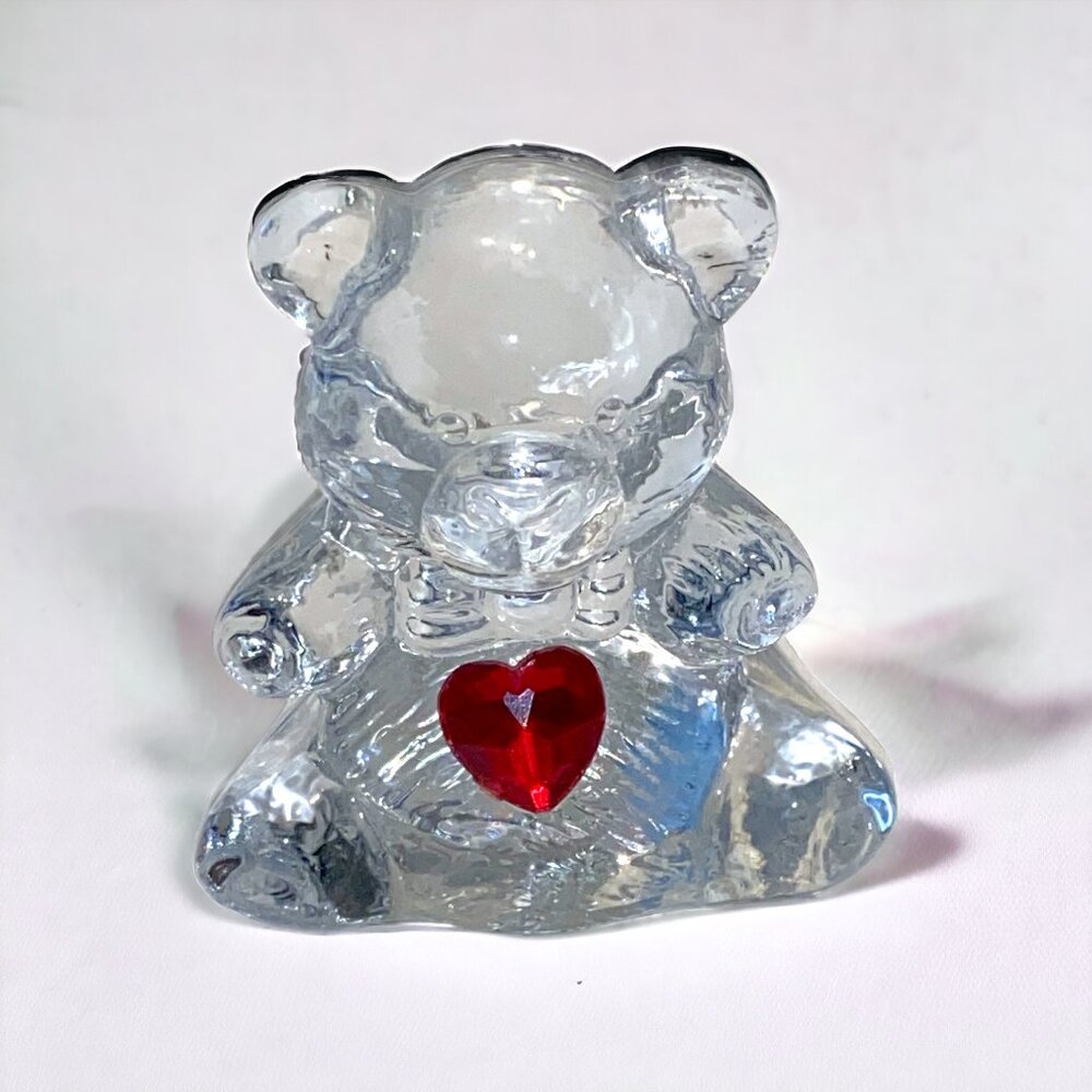 Vintage 1991 Clear Glass Teddy Bear Figurine Red Heart July Birthstone by Summit